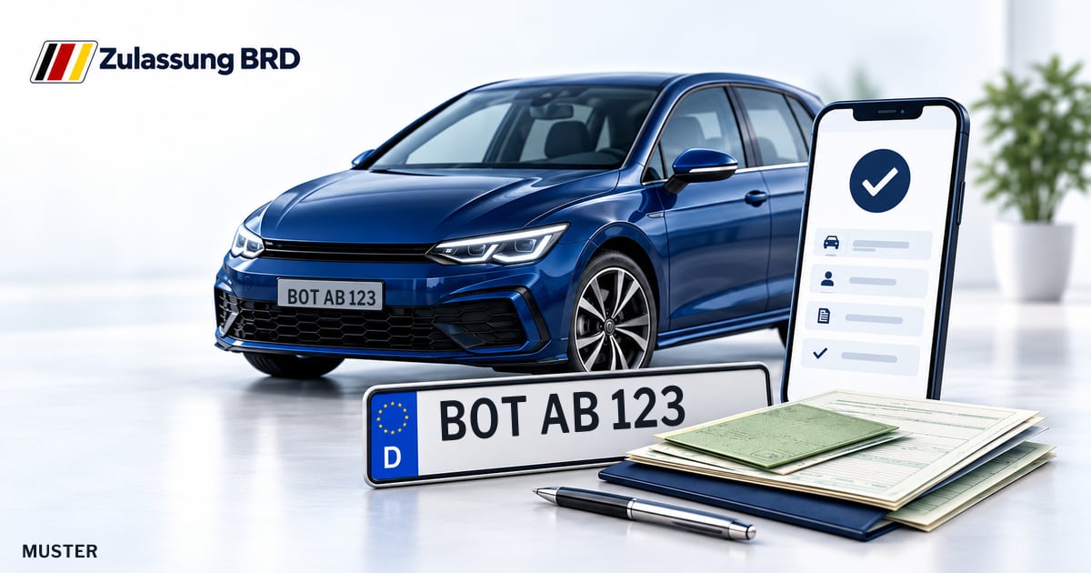 Online Fahrzeugzulassung in Bottrop: Musterkennzeichen BOT AB 123, Auto und Fahrzeugpapiere und Smartphone. Illustration mit Logo von Zulassung BRD.